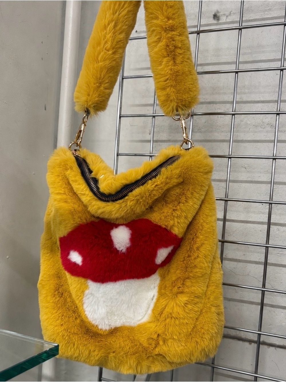 NWT Dolls Kill Mushroom Faux Fur Tote Bag Yellow Plush Shoulder Purse